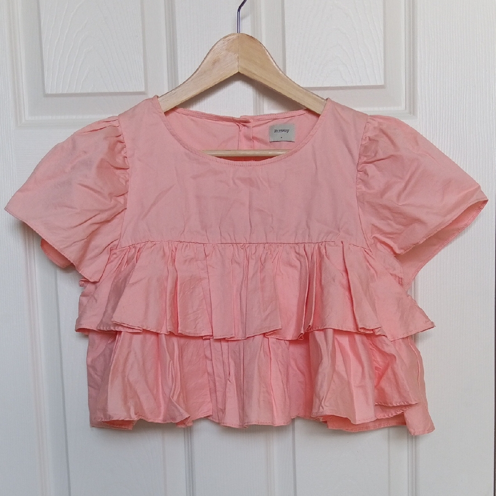 Ptp18" Pink Babydoll Cotton Puff Sleeve Cropped 2-tier Ruffle Blouse NWOT